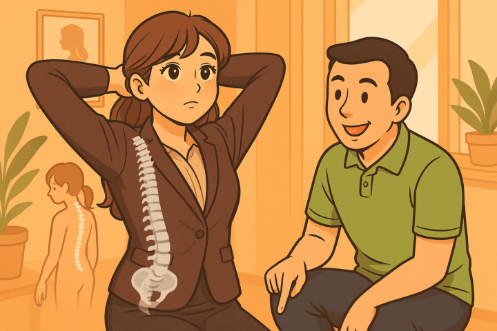首を反らせない為の安全な胸椎アプローチを指導している