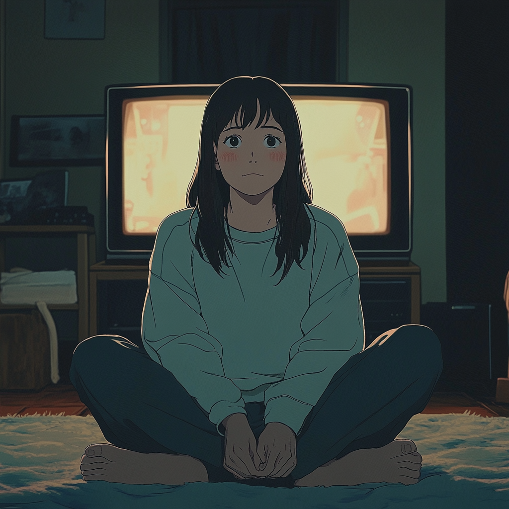 床に胡坐をかいて。背中を曲げる姿勢