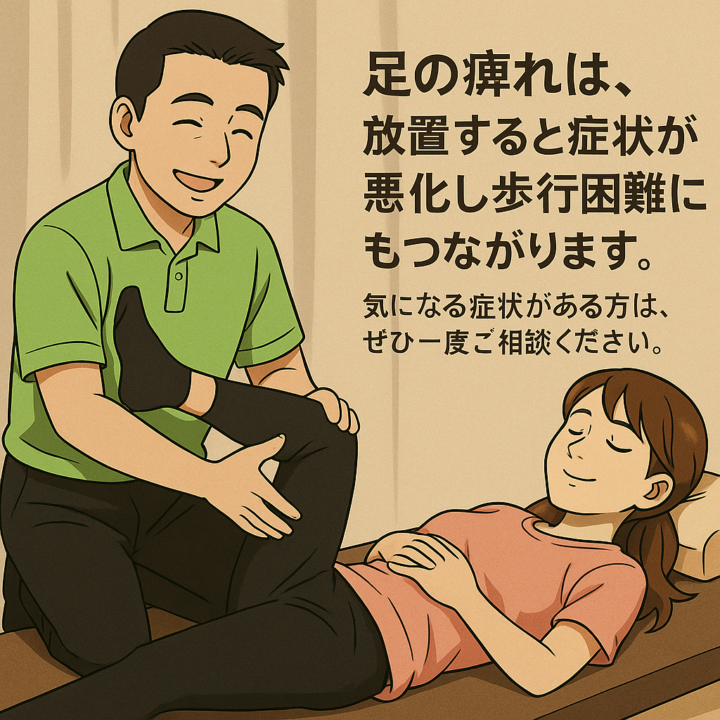 足の痺れは、放置すると症状が悪化し歩行困難にもつながります。気になる症状の方はぜひ一度ご相談ください。