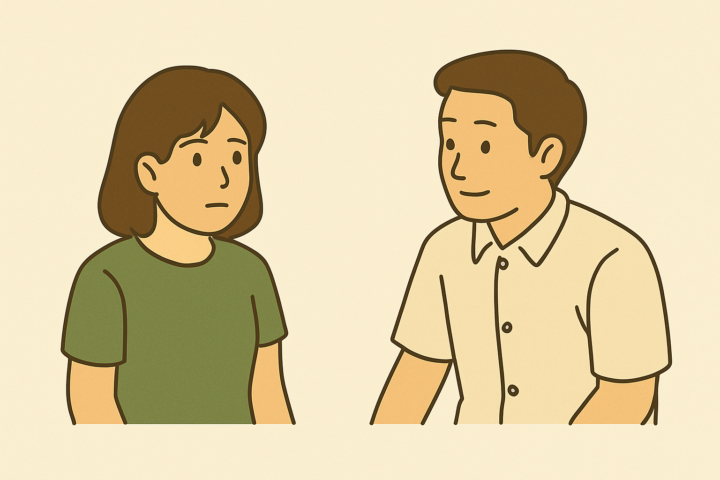 正面を向いた女性と男性が向かい合って座っている様子を描いたイラスト。女性は緑のTシャツ姿でやや不安そうな表情、男性は白いシャツを着て穏やかに話しかけている。背景は明るいベージュで統一され、文字のないシンプルな構成。