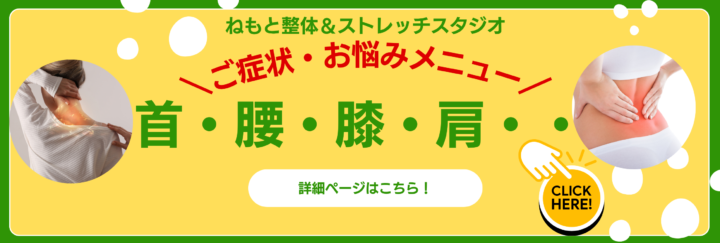 ねもと整体＆ストレッチスタジオ　ご症状・お悩みメニュー　首・腰・膝・肩　詳細ページはこちら！
