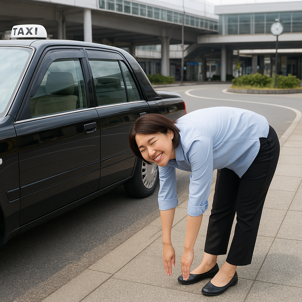 川崎駅で肩こり女性タクシードライバーが前屈をしている