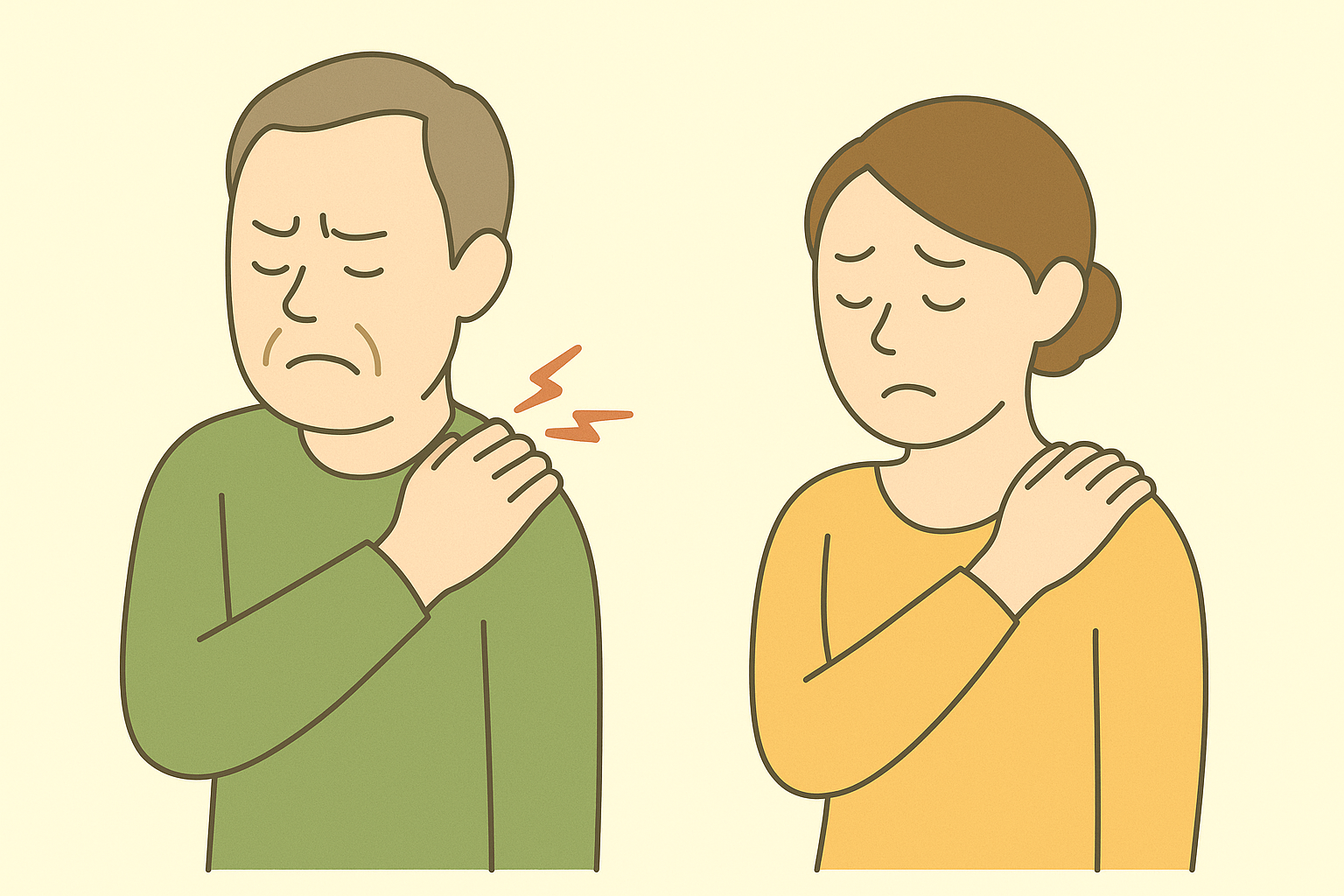 肩の痛みを訴える男女のイラスト。肩を手で押さえ、辛そうな表情をしている