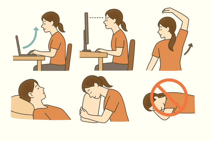 正しいデスク環境や睡眠姿勢を示した6つのイラスト。肘が90度になる机の高さ、目線の高さのモニター、ストレッチ、枕の高さ調整、横向きでクッションを抱える姿勢、そしてうつ伏せ寝を禁止するマークが描かれている。