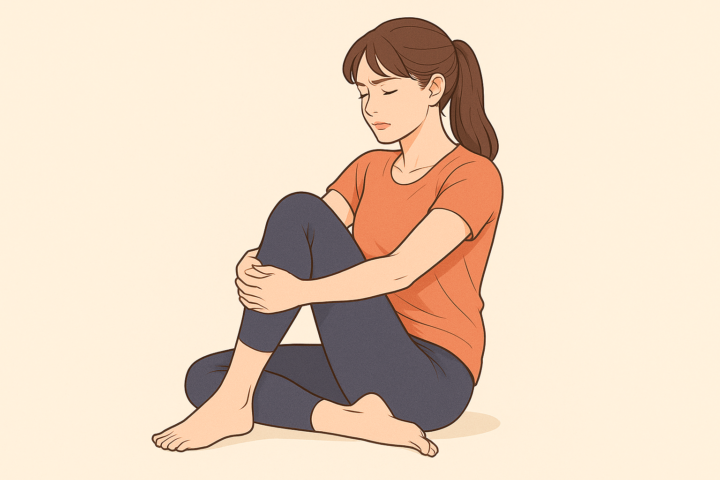床に座って膝を抱えながら股関節ストレッチを行っている女性のイラスト。オレンジ色のTシャツとネイビーのレギンスを着用し、真剣な表情で体を前に傾けながらストレッチしている。背景は淡いベージュでシンプルに描かれており、集中した運動の雰囲気を表現。