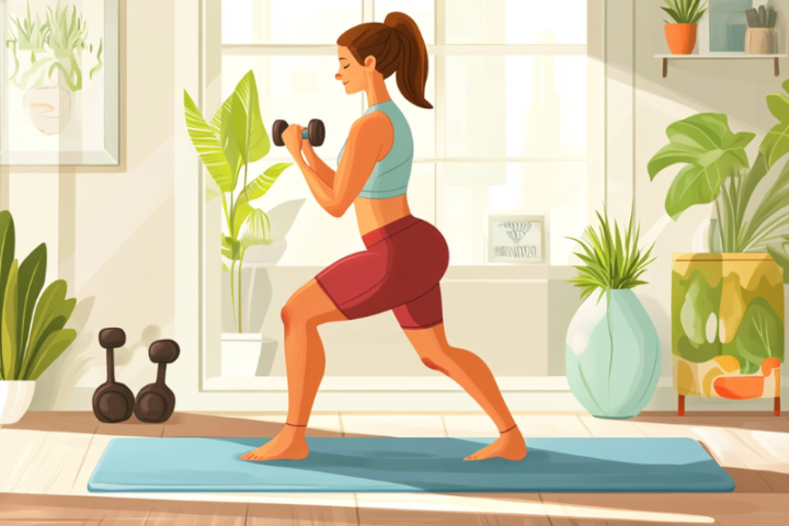 自宅でスクワット運動をする女性のイラスト。ダンベルを使った在宅フィットネスで運動嫌いでも続けられる筋力トレーニングの様子。