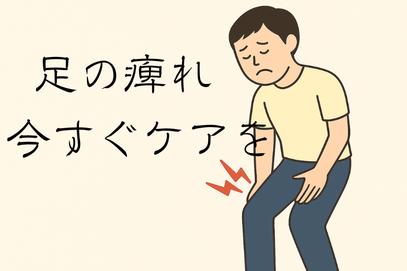 足に痛みを感じて苦しそうに前かがみになり、膝を押さえる男性のイラスト。背景はクリーム色で、足元には赤い稲妻マークが描かれ、痛みを表現している。