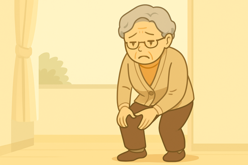 膝を押さえて痛みを訴える高齢女性のイラスト。登戸の整体院をイメージした、暖かい色調の室内背景で、窓とカーテンが描かれている
