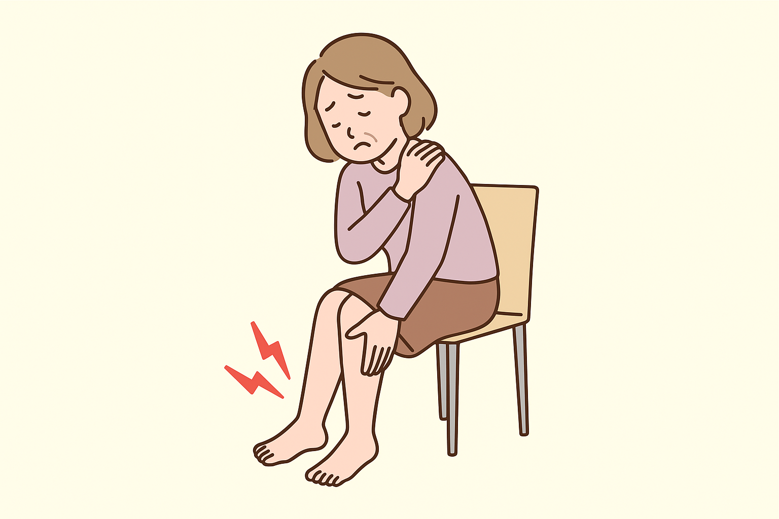 足のむくみに悩む中年女性のイラスト。椅子に座り、ふくらはぎを押さえている。