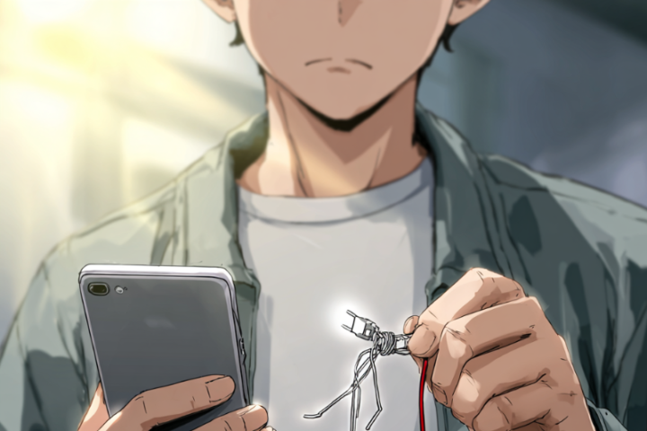 スマホの充電ケーブルが断線し、困った表情で確認している若い男性のイラスト。寝違えの治らない理由を例えて作成