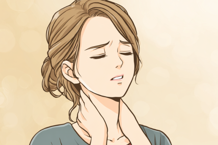 首を押さえてつらそうな表情を見せる30代女性のイラスト。慢性的な首の違和感や不快感を抱えている様子。