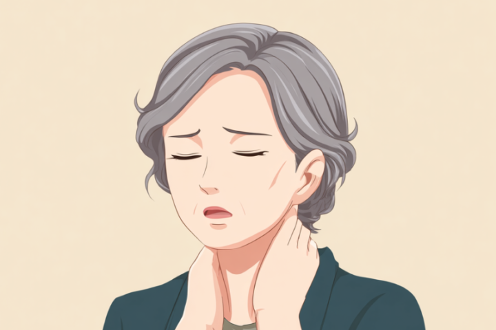 寝違えた後、首に痛みを感じて困っている女性。日常生活に支障をきたす姿勢で、根本原因の重要性を表現