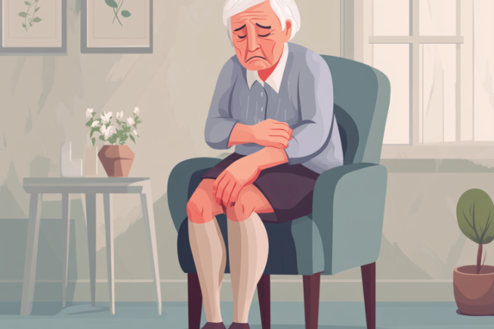 膝の痛みに悩む高齢者のイラスト。運動不足による関節痛で椅子に座り膝を押さえる男性。運動習慣の必要性を表現。