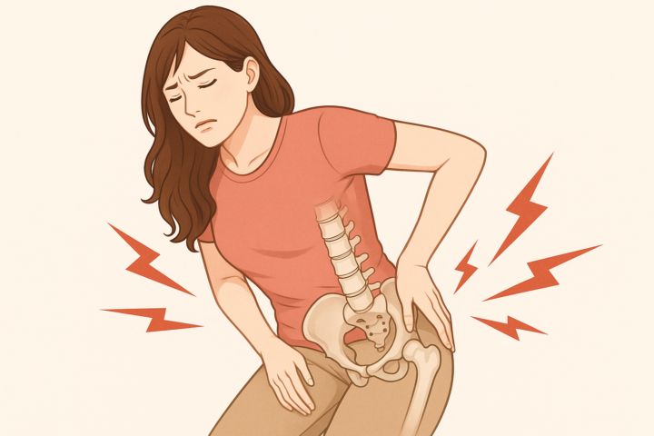 腰と股関節に痛みを感じている女性のイラスト。女性はつらそうな表情で腰と右股関節を同時に手で押さえており、赤い稲妻マークが痛みを強調。腰椎と骨盤の骨格が透けて見える構造で描かれ、腰椎と股関節の関連性を表現している。