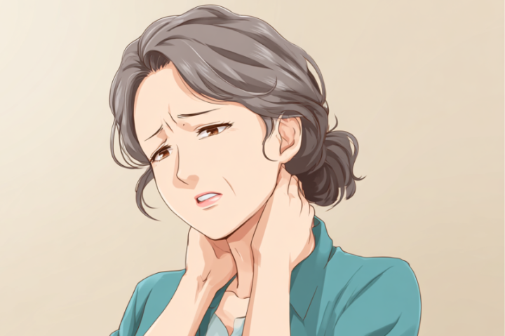 両手で首を支えながら首を抑えている女性。急性の首の不調が長引いているイメージのイラスト。