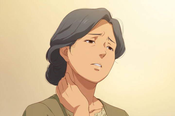 首に痛みを感じながら手で支えている女性。姿勢不良や筋緊張が関与する首のトラブルを表現。
