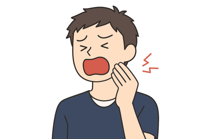 顎関節の痛みに悩む大学生が口を開けようとして苦しんでいるイラスト
