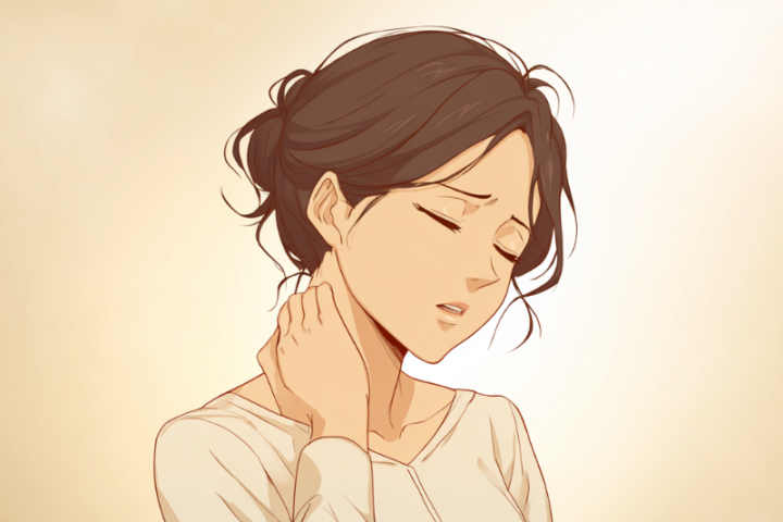ソフトな表情で首をさする女性の上半身イラスト。寝違えによる可動域制限や不快感を示している。