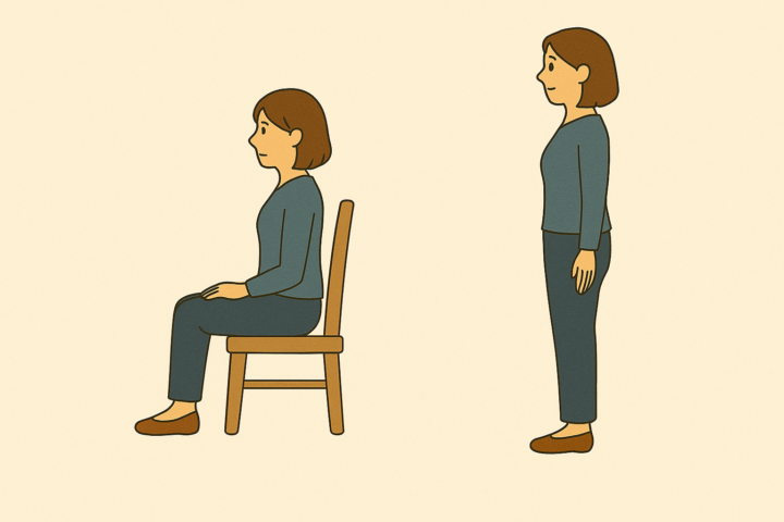 椅子に深く腰掛けて背筋を伸ばした姿勢の女性と、まっすぐ立っている女性を並べて描いたイラスト。両者とも正しい姿勢を示しており、背景は明るいベージュで統一され、文字のないシンプルな構成。