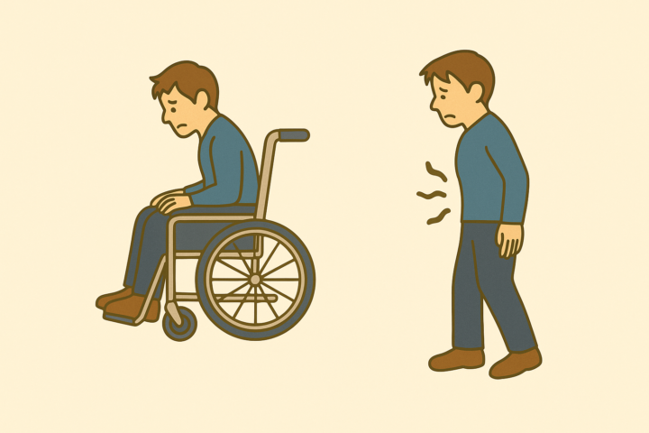 車椅子に座りうつむく男性と、腰に不快感を示すような姿勢で立つ男性が描かれたイラスト。両者ともつらそうな表情をしており、坐骨神経痛の悪化による症状(下半身麻痺や排尿障害)を示唆する構成。背景は明るいベージュで、文字なしのシンプルなデザイン。