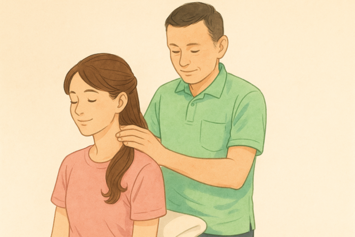 整体師が女性の首を優しく施術しているイラスト。女性は目を閉じて少し微笑み、リラックスした表情。登戸のねもと整体＆ストレッチスタジオ