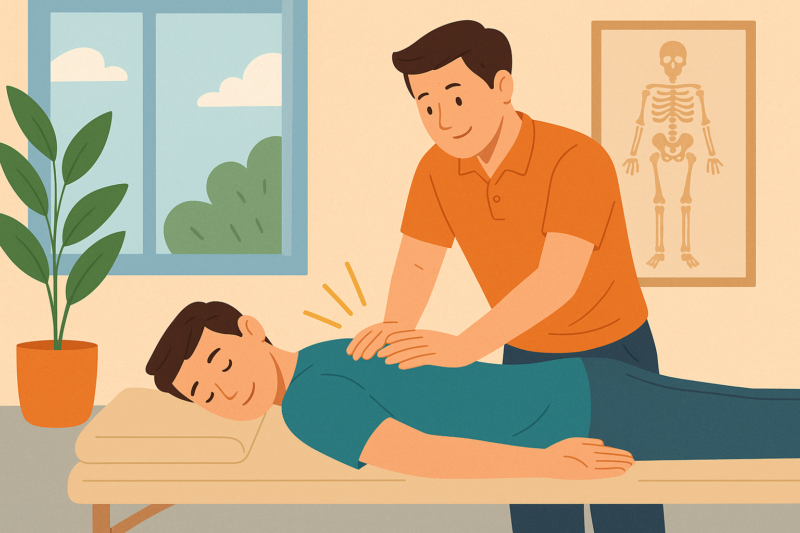 整体施術を受けてリラックスする男性と、それを丁寧に行う整体師を描いたイラスト。治療室の中には観葉植物や骨格図があり、温かみのある雰囲気が伝わる。
