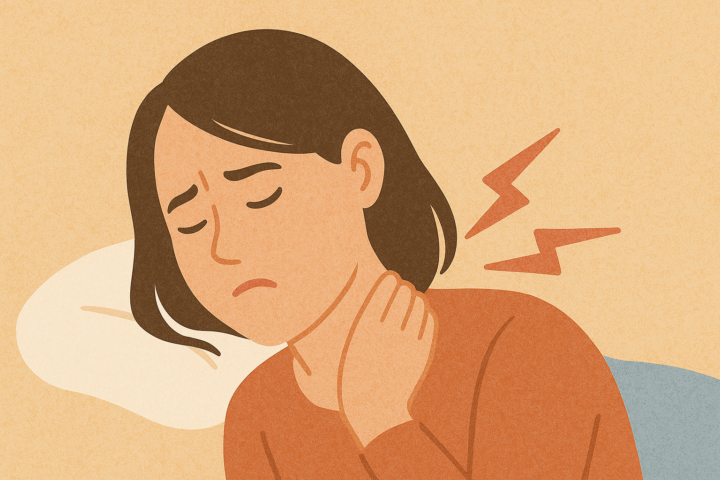 枕で横向きに寝ながら首を押さえ、痛そうな表情を浮かべる女性のイラスト。赤い稲妻マークで首の痛みを表現。