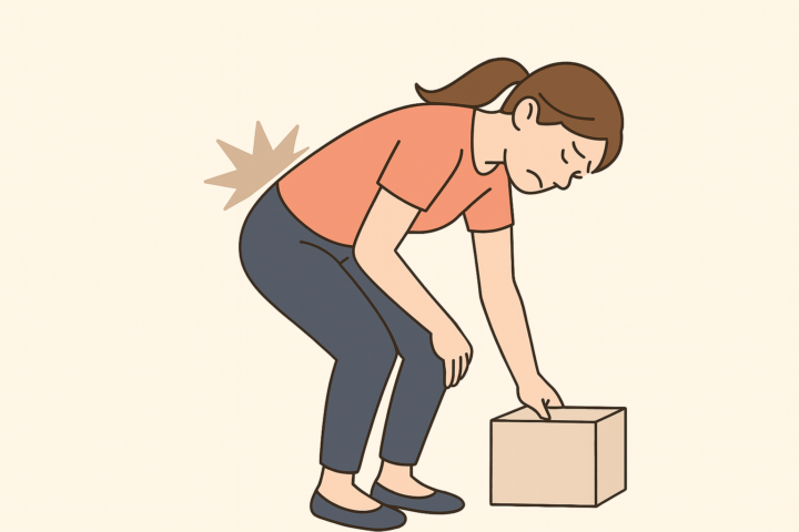 箱を持ち上げようとして前かがみになった女性が、腰に強い痛みを感じているイラスト。女性は顔をしかめており、腰の部分には痛みを表すマークが描かれている。無理な姿勢による腰への負担を表現したシンプルな構図。