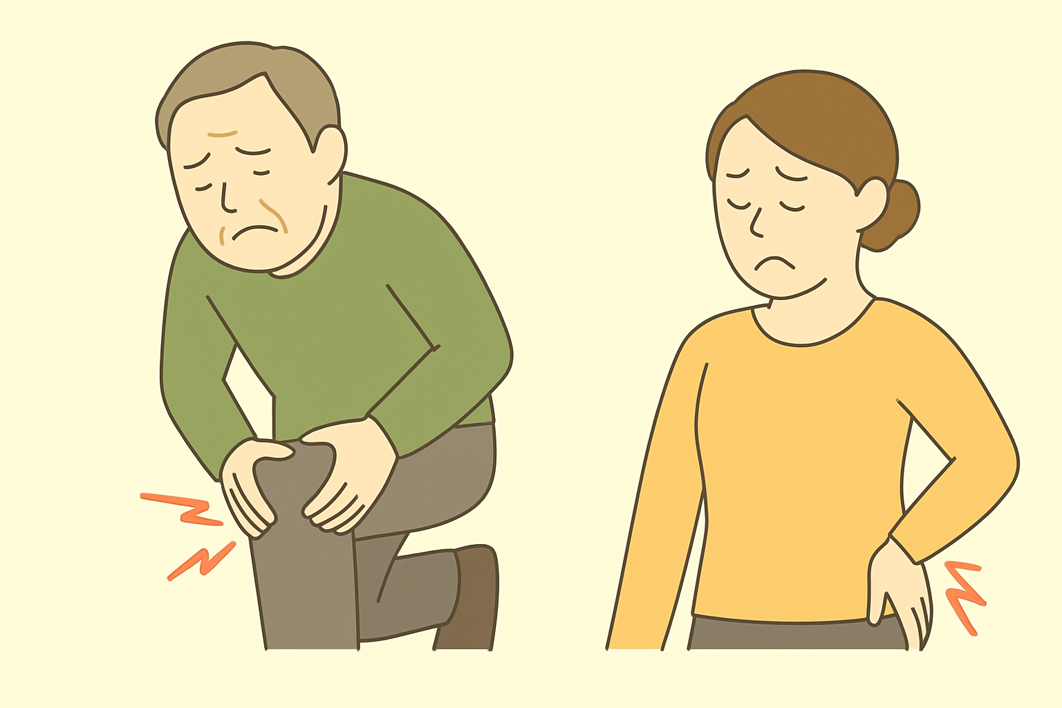 膝と股関節の痛みに悩む男女のイラスト。膝を押さえる男性と、股関節に手を当てて痛がる女性