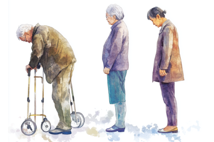 高齢者の姿勢と健康状態の違いを表現した水彩画イラスト - 歩行器使用者と自立歩行者の比較