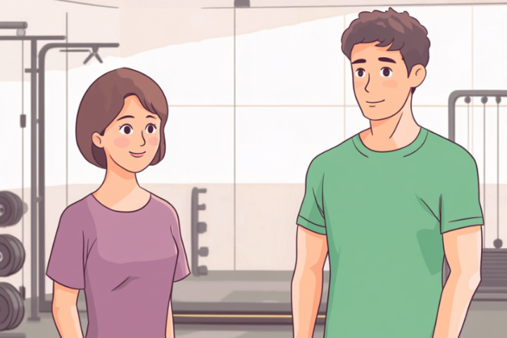 パーソナルトレーナーと女性クライアントのイラスト。ジムでの個別運動指導の様子を表現した男性トレーナーと中年女性のトレーニング風景。