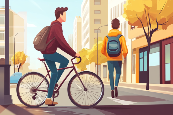 男性のサイクリングとウォーキングイラスト。都市部での自転車通勤と徒歩移動による健康的な日常運動とアクティブライフスタイルの風景。