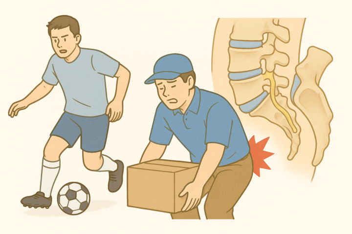 若い頃にサッカーをしていた男性が、現在は運送業として働きながら腰痛に苦しんでいる様子を描いたイラスト。左側にはサッカーをしている元気な青年、右側には荷物を持ち上げる姿勢で腰に痛みを感じている男性、さらに右端には椎間板ヘルニアの医学的な断面図が描かれている。背景はシンプルなベージュ色。