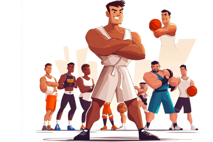 スポーツトレーナーと多種目アスリートのイラスト。バスケ、空手、レスリングなど複数競技の選手指導経験を表現した専門トレーナーの権威性を示すイメージ。