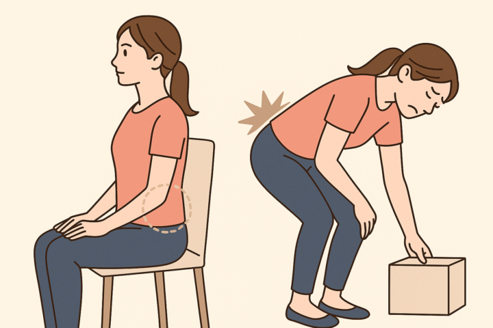 椅子に座って姿勢を保っている女性と、前かがみで箱を持ち上げようとして腰を痛めている女性を対比的に描いたイラスト。左側の女性は股関節まわりに点線が描かれ、右側の女性は腰に痛みのマークがあり、股関節の可動性と腰への負担の関係を示している構図。