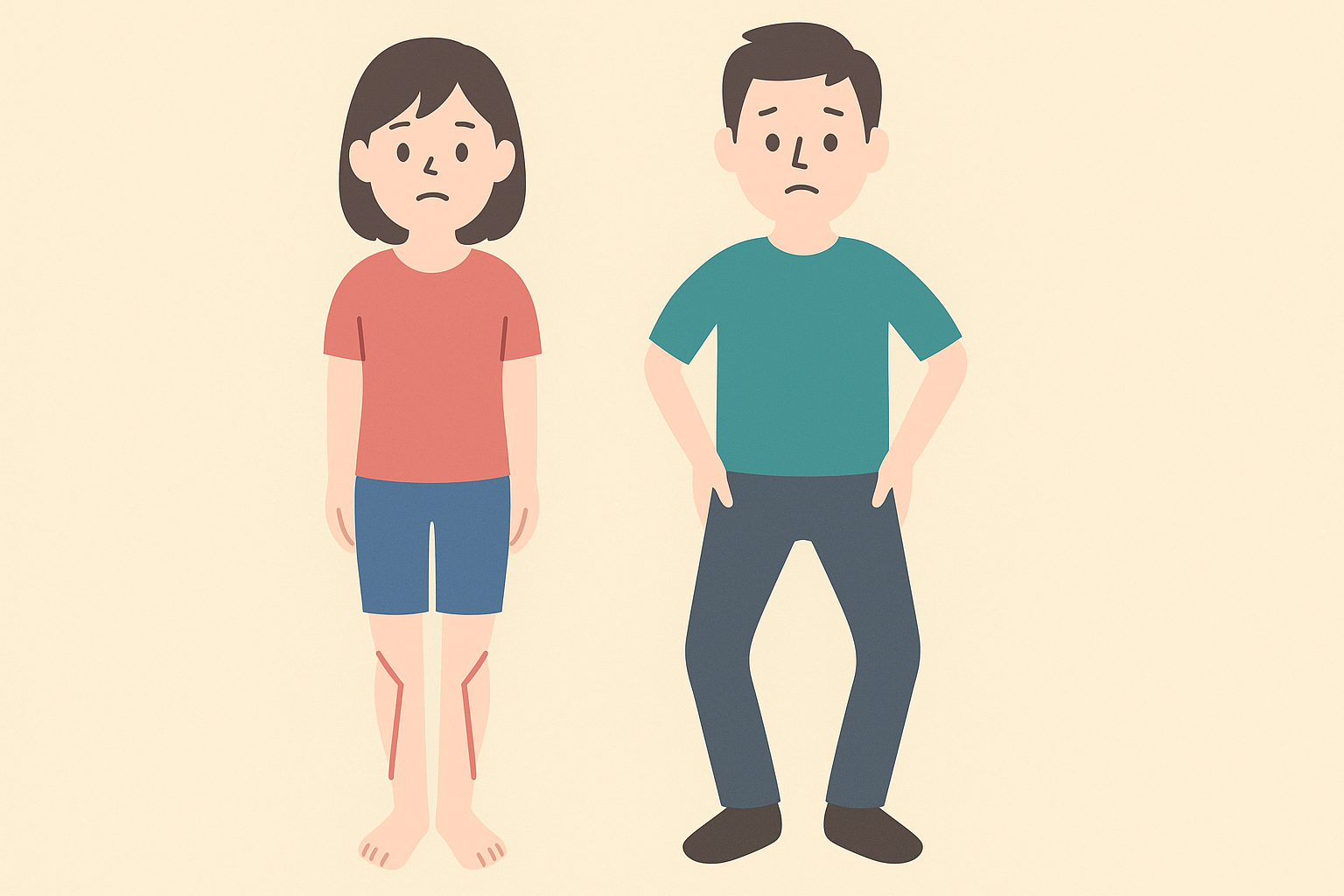 O脚とX脚の歪みを示す男女のイラスト。O脚の男性とX脚の女性が並んで立っている。