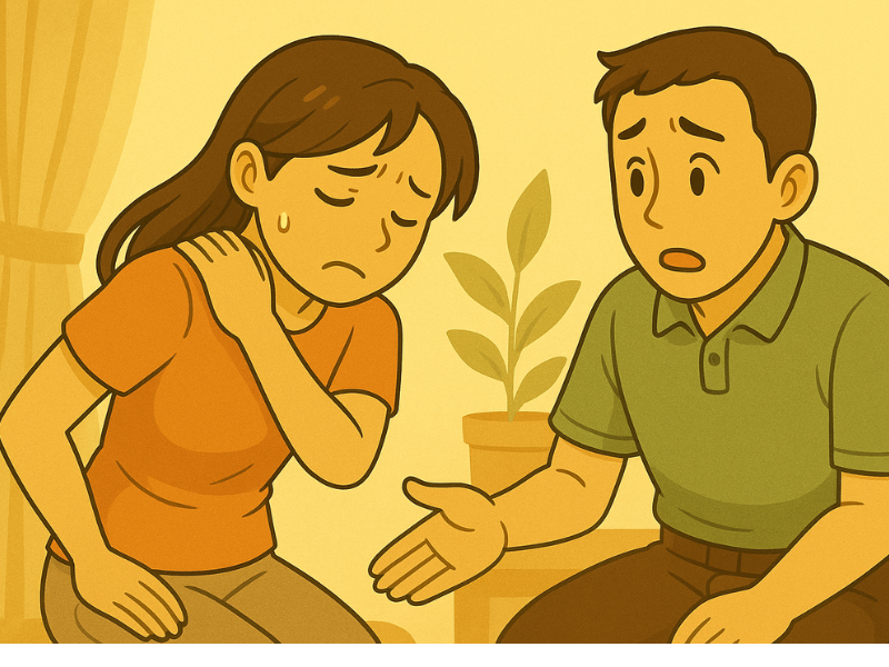 肩こりに悩む女性が肩を押さえ、隣で整体師がアドバイスをしているイラスト。向ヶ丘遊園の整体院をイメージした温かみのある室内背景に、観葉植物とカーテンが描かれている