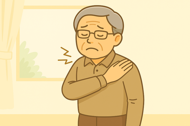 肩の痛みを抱えている高齢男性が室内で肩を押さえてつらそうにしているイラスト。淡い色調で描かれた、やさしい雰囲気のアニメ風画像