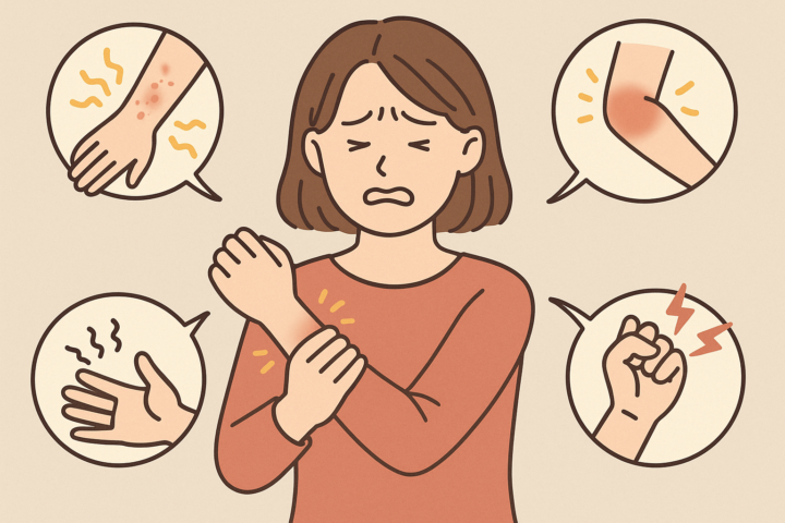 腕や手にさまざまな不快な症状(かゆみ、腫れ、しびれ、痛み)を感じている女性が、辛そうな表情で腕を押さえているイラスト。各症状が吹き出しで表現されている。