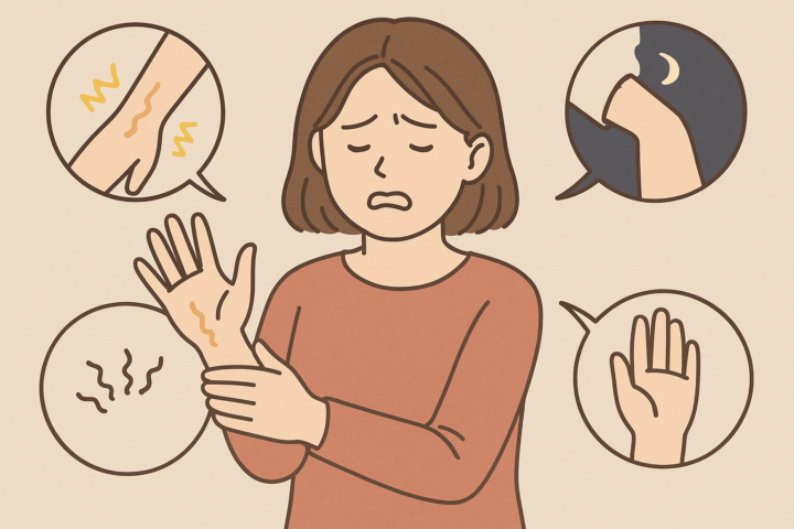 腕や手にしびれやピリピリ感を感じている女性が、辛そうな表情で手のひらを押さえているイラスト。周囲には夜間の悪化や感覚鈍麻、握力低下などを示す吹き出しが描かれている。