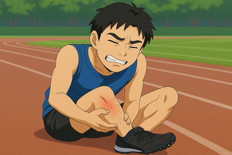 陸上トラック上で左足のすねを押さえて苦悶の表情を浮かべる若い男性アスリートのアニメ風イラスト。背景には緑の木々とフィールドが広がる。