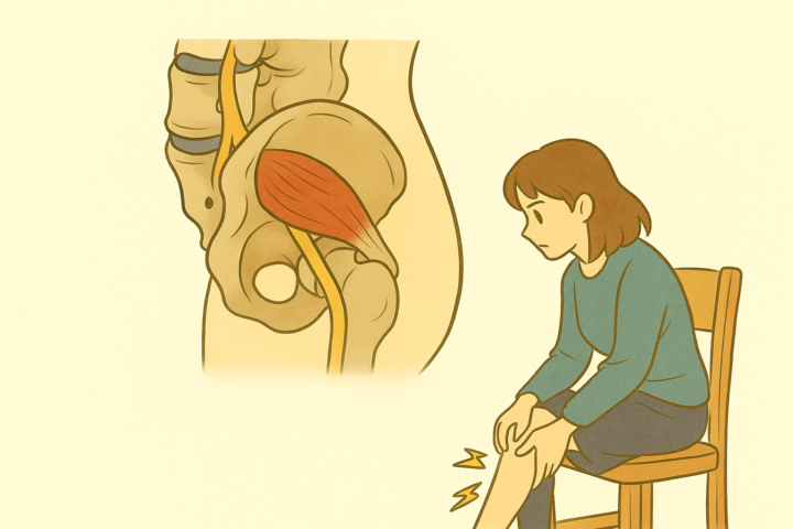 椅子に座った女性が脚のしびれを訴えて膝下を押さえている様子と、骨盤と坐骨神経の構造を示すイラストの2部構成。神経の通り道と筋肉(梨状筋)が描かれ、脚にはしびれや痛みを示す稲妻マーク。背景は明るいベージュで統一された色調。