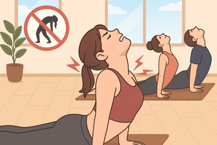 ヨガスタジオで後ろに反るポーズ(コブラのポーズ)をしている女性が首に痛みを感じている様子のイラスト。女性の首や背中に赤い稲妻マークが描かれ、背景には禁止マークが表示されており、後屈動作の危険性を示している。他の参加者も同じポーズをしている。