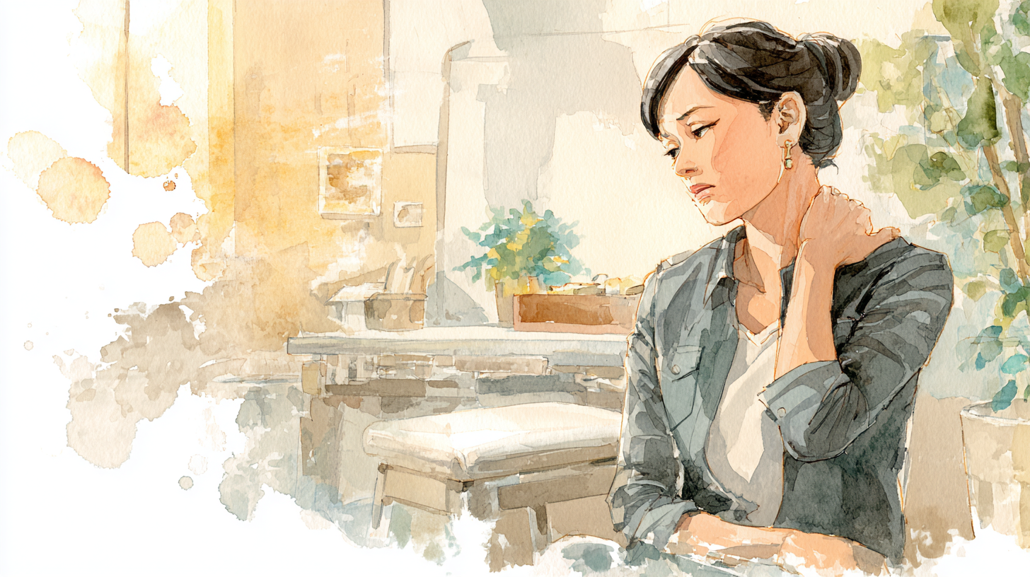 整体を検討する女性 - 肩こりや首の痛みに悩む日本人女性の水彩画イラスト。自宅で肩に手を当てて痛みを感じている様子。