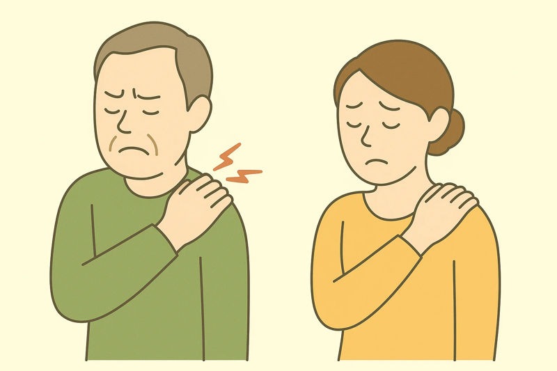 肩の痛みを訴える男女のイラスト。肩を手で押さえ、辛そうな表情をしている