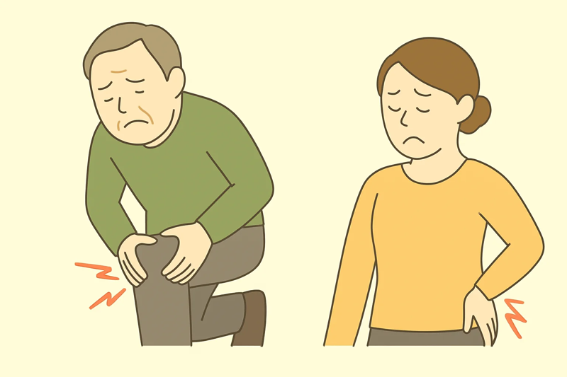 膝と股関節の痛みに悩む男女のイラスト。膝を押さえる男性と、股関節に手を当てて痛がる女性