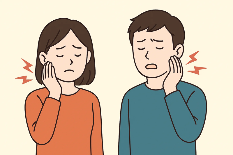 O脚とX脚の歪みを示す男女のイラスト。O脚の男性とX脚の女性が並んで立っている