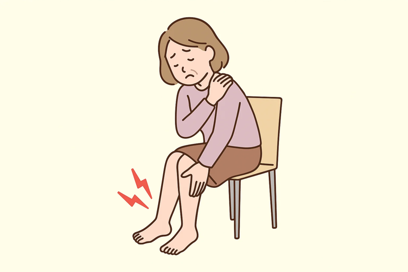 足のむくみに悩む中年女性のイラスト。椅子に座り、ふくらはぎを押さえている。