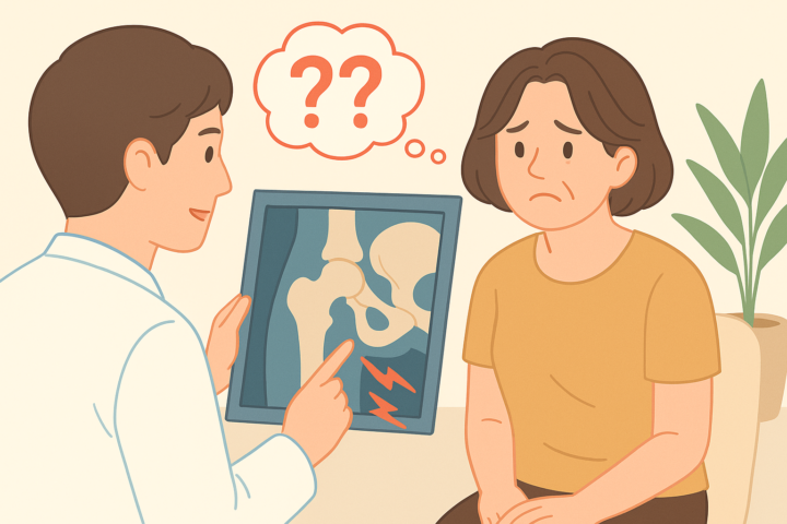 股関節のレントゲン画像を見ながら医師から臼蓋形成不全の説明を受ける40代女性患者の診察風景