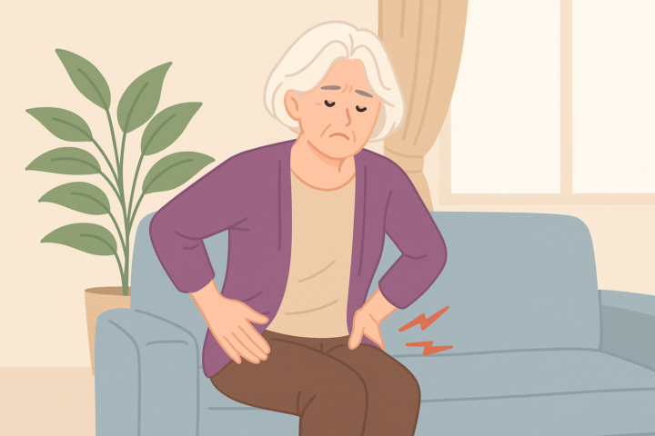 ソファに座って股関節の痛みに耐える高齢女性のイラスト。白髪の短髪で紫のカーディガンを着用し、つらそうな表情で左手を股関節に当てている。股関節まわりには赤いジグザグの痛みマークが描かれている。